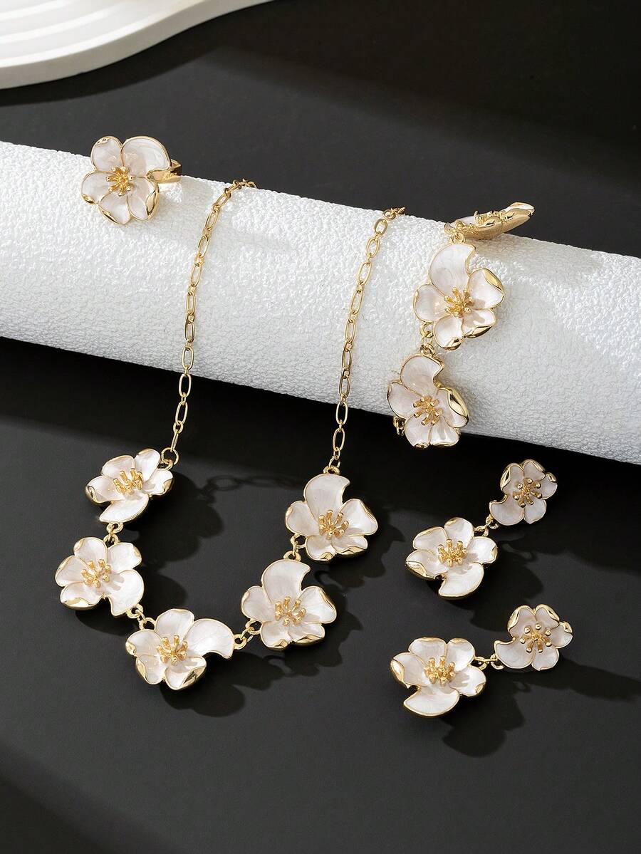 1 Set Vintage Elegant Palace Style White Enamel Asymmetrical Flower Pendant Necklace, 1 Pair Earrings, 1 Ring, 1 Bracelet, Charming Jewelry Set Suitable For Women's Holidays, Parties And Daily Wear - White - View 1