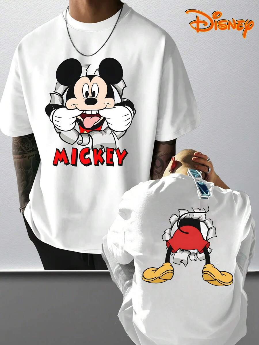 Disney Men's Casual T-Shirt, Breakthrough Mickey Double-Sided Print, Playful 3D Design, Relaxed Fit, Perfect For Fun Style - 白色 - 查看 1