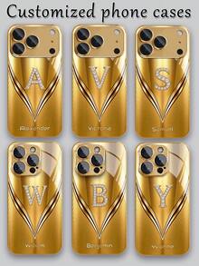1 pieza Funda de teléfono de vidrio chapada en oro con textura en forma de V con 26 letras personalizables y decoración de manzana con rhinestones, compatible con iPhone 17 Pro Max/16 Pro Max/15/14 Plus/13 Pro/12 Pro Max/11/Xs Max/8/7/6 Plus, de moda, colorida, linda, divertida, minimalista, a juego - Dorado - Ver 6