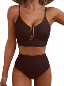 Bộ bikini nữ màu trơn, xếp ly, khoét lỗ, họa tiết ren, thích hợp cho kỳ nghỉ hè 2025, dành cho bãi biển. - Cà phê nâu - Xem 3
