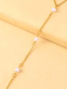 1pc Faux Pearl Connected Finger Ring Bracelet, Unique Design Fashionable Versatile Bracelet Ring Set For Women - Gold - View 5