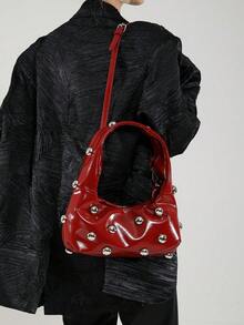 New Fashion Retro Red & Burgundy Rivet Decorated Crescent Shoulder Bag, Large Capacity Oil Wax Soft Leather Crossbody Bag For Office, Leisure & Travel, Autumn/Winter, Fashionable Burgundy Bag - 紅色 - 查看 3