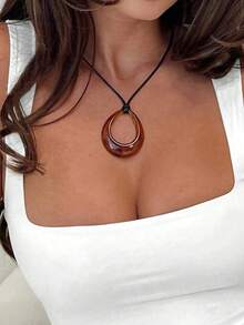 1pc Water Drop Shaped Acrylic Pendant With Leather Cord Necklace - 駝色 - 查看 1