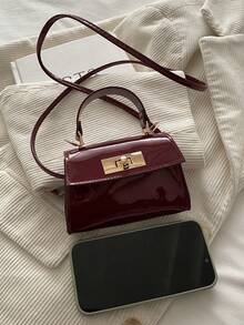 Mini Handbag, Fashion Glossy Flip Lock Tote Bag, Versatile Chic Shoulder Crossbody Bag - Red - View 6