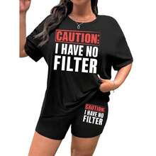 Caution No Filter - Direct And Raw Expression Women's Plus Size Two Piece  Short Sleeve Tops And Paired Shorts Set - màu đen - Xem 3