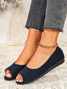 女士平底舒适软底透气百搭2026春夏款一脚蹬鞋，撞色和纯色设计，适合海滩和居家穿着 - 藏蓝色 - 查看 3