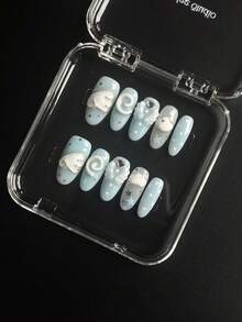 Handmade Medium Oval Press On Nails, New Fall Winter Japanese Cute Style, Baby Blue Polka Dots, 3D Cloud, Angel Wing & Rhinestone Heart Decor, Reusable Fake Nails,10Pcs, Jelly Glue & Nail File Included - Follow Your Heart - View 2
