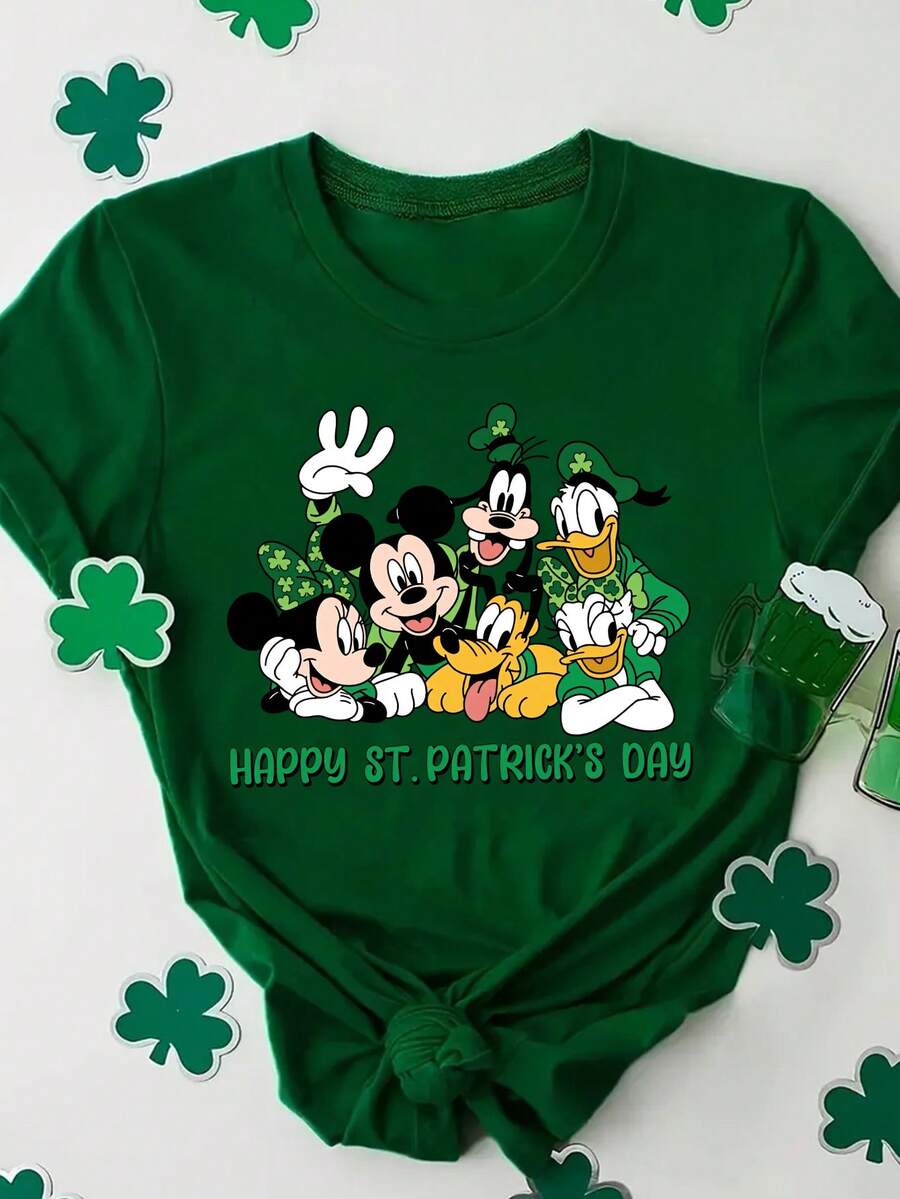 Disney Women's T-Shirt Featuring St. Patrick's Day-Themed Mickey Mouse And Friends Cartoon Print. Spring/Summer Women's Crew Neck T-Shirt Crafted From Soft, Comfortable Fabric. A Stylish Disney Women's Graphic Tee Perfect For Everyday Wear, Outings, Travel, And Leisure-Also Makes An Exquisite Gift. - Green - View 1