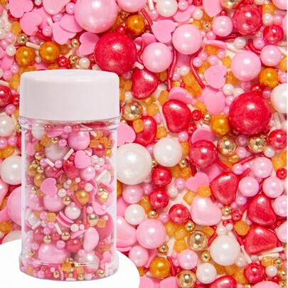 Bột đường hình trái tim 75g/2.6oz, hỗn hợp các kích cỡ đường ngọc trai trắng và hồng, dùng để trang trí bánh kẹo, bánh cupcake, bánh quy, bánh donut, kem, các món tráng miệng, đồ dùng trang trí tiệc cưới, sinh nhật. Chỉ dùng để trang trí, không ăn được.