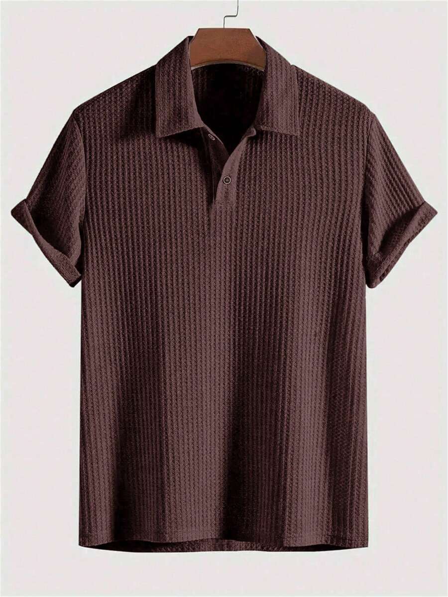 Men's Solid Color Semi-Transparent Golf Shirt, Waffle Thin Casual Short Sleeve Elastic Polo Shirt, Suitable For Leisure Outdoor, Spring/Summer - Chocolate Brown - View 1