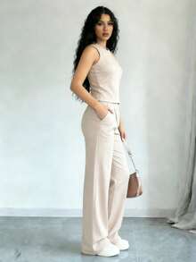 el mejor regalo para el Día de la Madre:(El pintalabios se envía al azar como obsequio junto con el producto comprado)Ropa Dos piezas para Mujer Botón Bolsillo Cremallera Canalé Liso Casual - Albaricoque - Ver 5