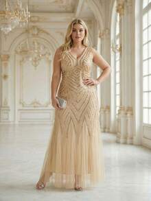 EVERPRETTY Plus Size Women Gold Formal Long Dress With Contrast Sequin & Mesh Details, Short Sleeve Vintage Party Maxi Dress, Mermaid Long Formal Evening Gown, Women V-Neck Sleeveless Gold Formal Evening Dress - Gold - View 7