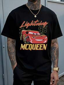 Officially Licensed Disney Men's Casual T-Shirt | Black With Red Trim | Cars Print | Breathable And Comfortable | Crew Neck Short Sleeve | Machine Washable | Suitable For Spring And Autumn Outdoor Activities - màu đen - Xem 1