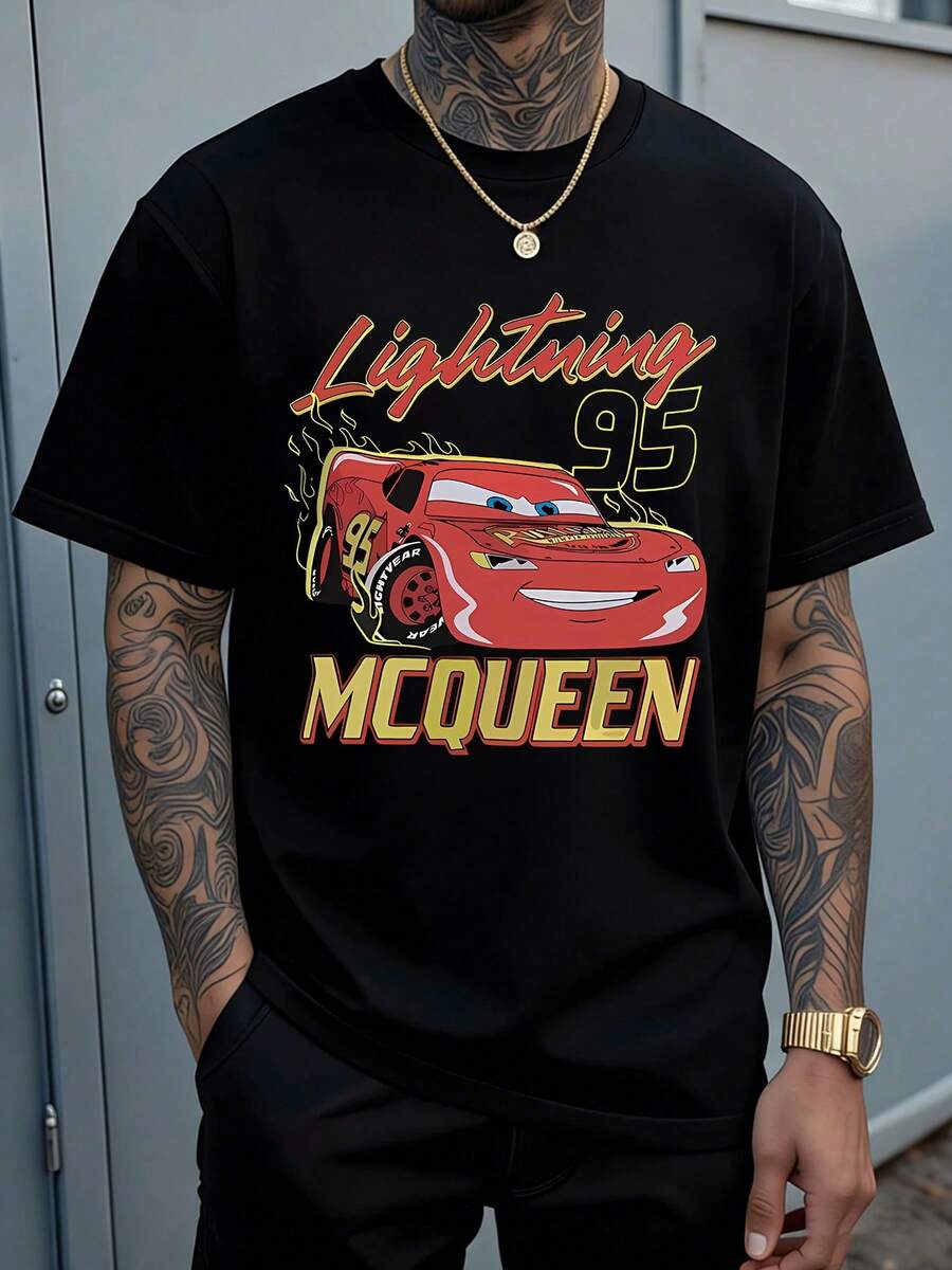 Officially Licensed Disney Men's Casual T-Shirt | Black With Red Trim | Cars Print | Breathable And Comfortable | Crew Neck Short Sleeve | Machine Washable | Suitable For Spring And Autumn Outdoor Activities - màu đen - Xem 1