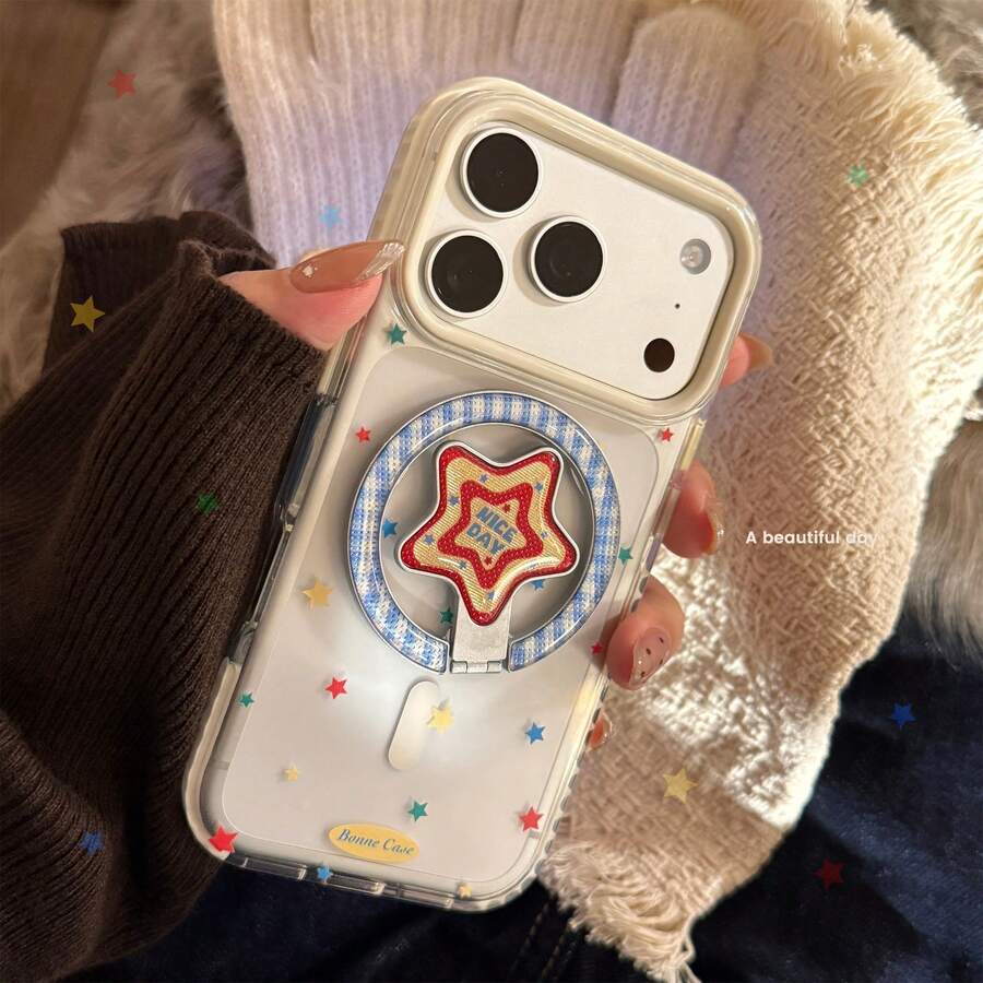 GUCADI 白色邊框 磁吸藍色與彩色星星 + 藍色與紅色星星 金色電鍍星星 磁吸支架 透明彩色星星手機殼，適用 18 Pro Max 17 Pro Max，兼容 13、15、16、17。特色：獨特、創意、幾何、極簡風格、對比色風格、小眾、Ins 風格