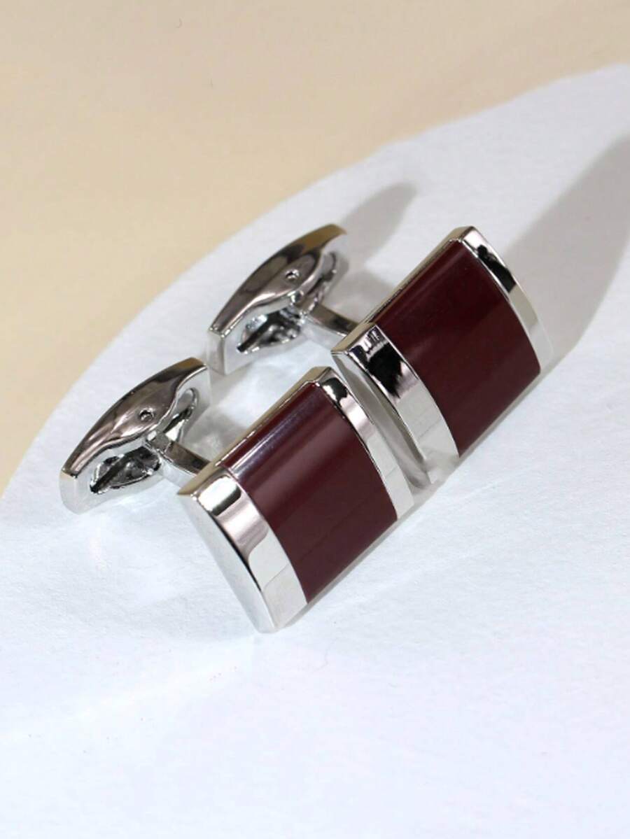 2pcs Maroon Plaid Enamel Cufflinks, Minimalist French Style Versatile Cufflinks For Men - Multicolor - View 1