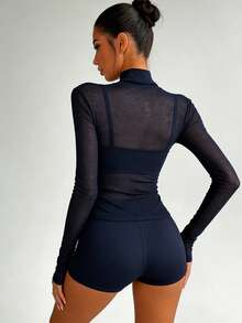 FLEXCHIC 新款黑色高领女士打底衫，轻薄透气网眼长袖T恤，适合春秋季穿着 - 藏蓝色 - 查看 5