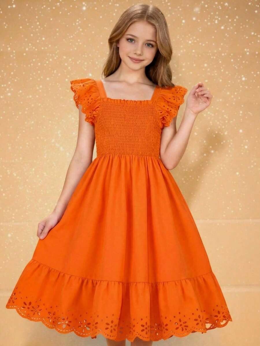 Tween Girls' Solid Color Shirred Floral Ruffle Hem Casual Dress - Orange - View 1