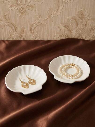 Cirelle 1Pc Shell Shape Jewelry Small Tray Ceramic Material Storage Small Plate Bedroom Dresser Decoration, Gift For Valentine's Day Back To School, Room Decor