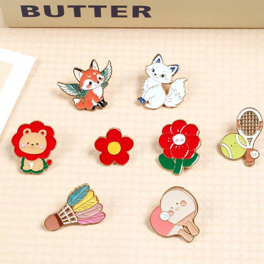 8pcs Cute Cartoon Fox Wings, Little Red Flower, Pineapple, Broccoli Brooch Pins, Vegetable Pins, Personalized Text Pins, Sunlight Pins, Bag Accessories - Multicolor - View 1