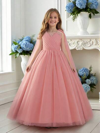 Tween Girls Sleeveless Faux Pearl Beaded Tulle Elegant Long Party Dress, Suitable For Flower Girl, Wedding, Birthday, Prom, Graduation Ceremony, Faux Pearl Beads Randomly Decorated, Headband Not Included