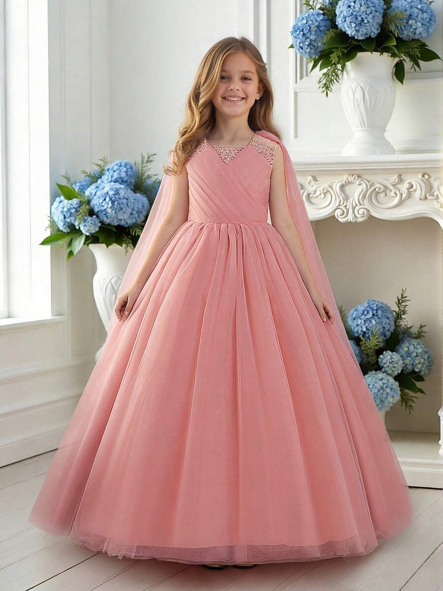 少女无袖仿珍珠串珠薄纱优雅长款派对礼服,适合花童、婚礼、生日、舞会、毕业典礼等场合,仿珍珠串珠随机装饰,不含发带。 - 藕粉色 - 查看 1