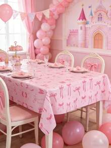 1/3pcs Pink Bow Theme Baby Shower Disposable Tablecloth, Pink Princess Birthday Party Plastic Table Cover For Home Dining Table Decor, Pink PE Table Skirt For Gender Reveal Decoration, Restaurant Kitchen Decor, Pink Baby Party Background Plastic Tablecloth, Pink Bow Theme Newborn Birthday Decoration, Baby Shower Party Supplies, Party Favors - Pink - View 3