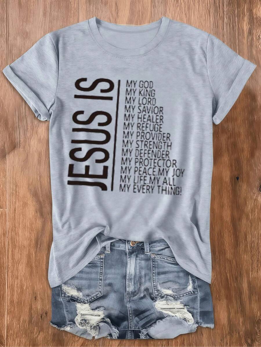Jesus Christ Religious Shirt Summer Outfits Comfortable Versatile Casual Crew Neck Cotton Tee Soft Breathable Christian Faith Expression - 淺灰色 - 查看 1