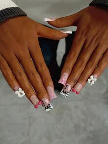 10 Stücke Y2K Nägel Schicke Entenschnabel Aufklebe-Nägel Set - Handgefertigt, rosa Nägel, weiße Nägel, weiße French Tip Nägel, handgemachte 3D Kirsche Nagelkunst, handgemalter rosa Streifen und rosa Liebes Muster Design, süße handgemalte Nägel, weiße Schleife Dekoration, zarte anmutige Nägel - geeignet für Frauen und Mädchen, Party Handgemachte Aufklebe-Nägel - Verschiedenfarbig - Übersicht 5
