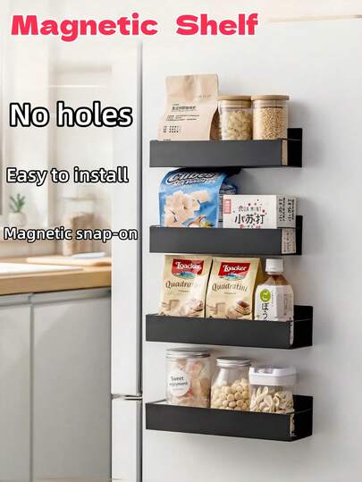 1/2/4 Pcs Magnetic Side Storage Rack Set, Black Wallmount Organizer Rack Without Drilling, Strong Adsorption, Multipurpose Storage Rack For Refrigerator, Washing Machine, Kitchen, Bedroom, Utility Room, Spice Rack, Space Saving, No Installation Required, Adsorption Ready To Use, Home Organization, Kitchen Spice Rack, Bedroom Organizer, Washing Machine Side Rack, Refrigerator Magnetic Storage Rack, Drill-Free Wall Mount Storage Rack, Strong Adsorption Storage Rack