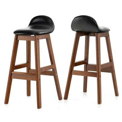  COSTWAY Bar Stool Set Of 2, 27.5-Inch Upholstered PU Leather Barstools With Padded Seat & Back Cushion, Solid Rubber Wood Legs & Footrests, Mid-Century Farmhouse Stools For Home Bar, Kitchen, Dining Room, Brown
