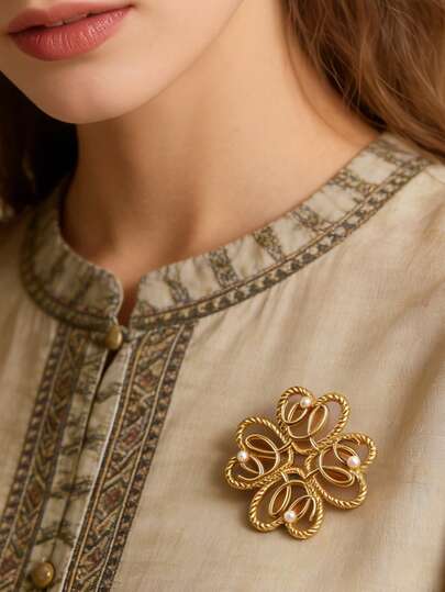 1PC Vintage Gold Hollow Floral Brooch, Pearl Inlaid Twisted Metal Pin For Women's Blazer & Coat