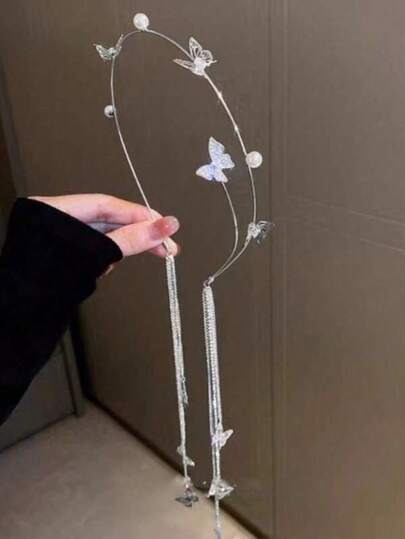 1pc Rhinestone Butterfly & Faux Pearl Tassel Headband, Delicate Hair Hoop Versatile For Outdoor & Photo Shooting Beauty Home Hair Accessories