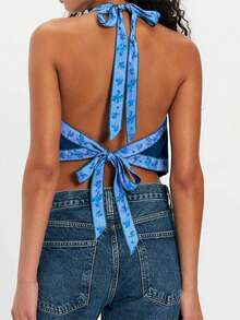 Tops de verano para mujer, estilo casual, con estampado floral, espalda descubierta, cuello en V, sin mangas - Azul - Ver 2