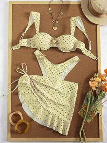 Conjunto de 3 piezas de traje de baño tankini de color sólido, diseño de tirantes anchos con aros para soporte cómodo, estilo de playa de moda - Amarillo-marrón - Ver 2