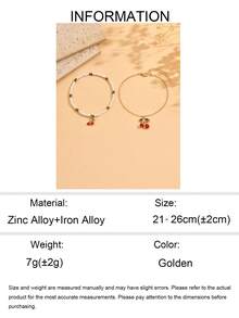 2pcs/Set Cute Enamel Cherry Pendant Anklet, Sweet Fashion Beaded Anklet Jewelry, Suitable For Daily Outfit, Beach, Date, Party - Golden - View 5