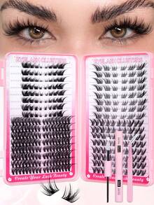 336PCS Cluster False Eyelashes, DIY Eyelash Extension Kit With Bond And Seal&Tweezers, Soft & Natural Mixed Lashes, Create 3D Eye Makeup, For Home DIY, Travel, Daily Commute, Evening Party, Wedding Bride Makeup,Lashes,Eyelashes,Fake Lashes - Black - View 1