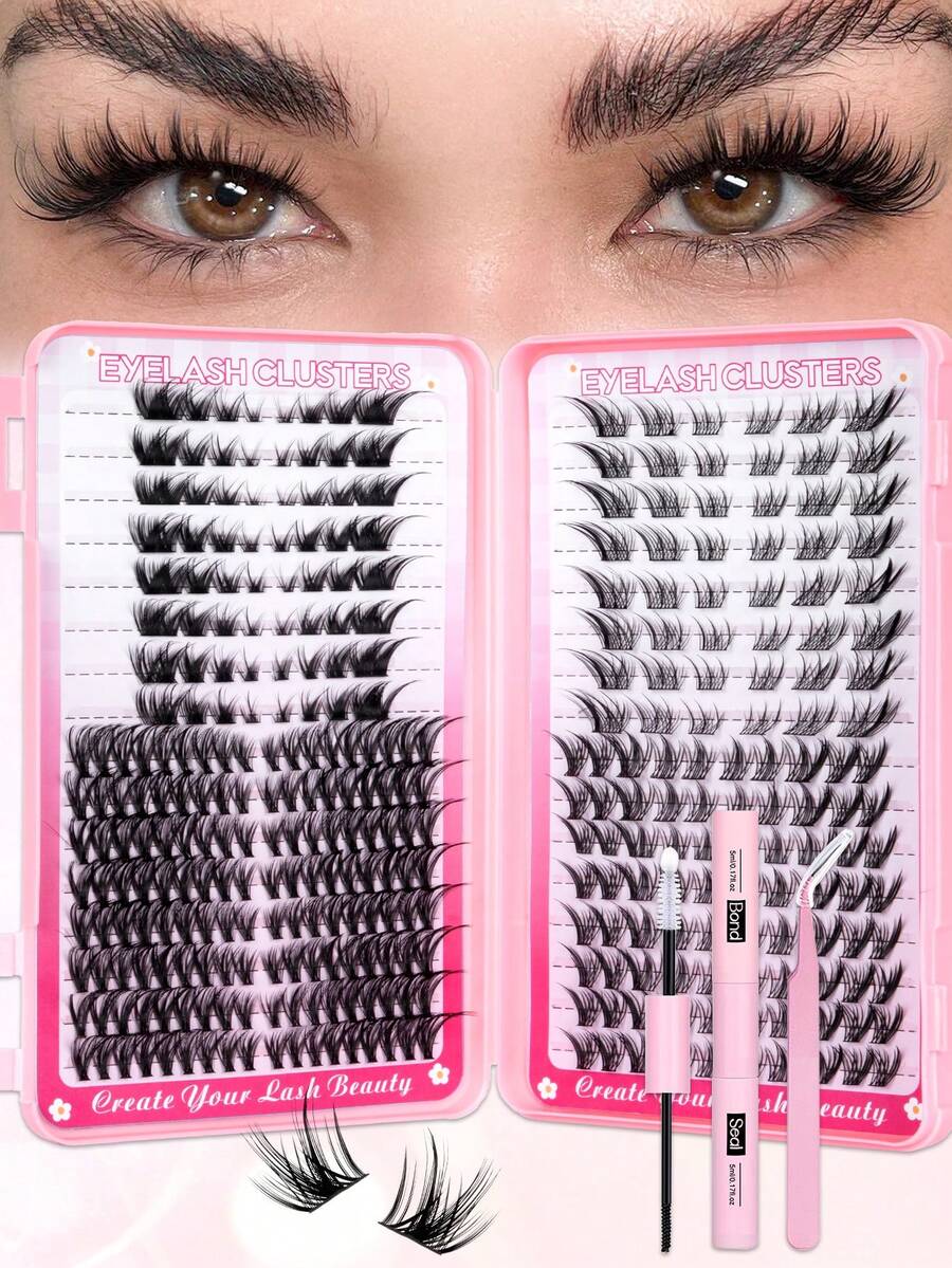 336PCS Cluster False Eyelashes, DIY Eyelash Extension Kit With Bond And Seal&Tweezers, Soft & Natural Mixed Lashes, Create 3D Eye Makeup, For Home DIY, Travel, Daily Commute, Evening Party, Wedding Bride Makeup,Lashes,Eyelashes,Fake Lashes - Black - View 1