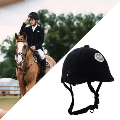 1顶传统马术头盔，天鹅绒内衬，银色皇冠徽章，可调节头带和绑带，ABS加固防护外壳，适用于骑马训练、比赛、户外骑行。