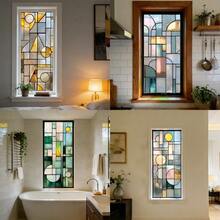 1/4片彩色几何抽象玻璃窗膜，静电吸附式隐私贴纸，适用于浴室、客厅、厨房、卧室、办公室、家居艺术装饰 - 幾何磨砂膜 - 查看 4