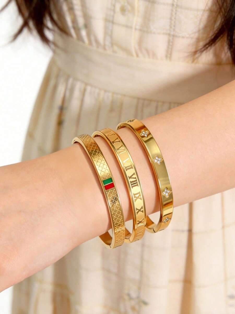 18K Gold Plated Stainless Steel Bracelet, Suitable For Daily Wear, European And American Classic Roman Numeral Red And Green Color Block Geometric Design, Generous Personalized Elegant Luxury Party Casual Wrist Jewelry, Wedding Jewelry Set, Gift For Girls, Women, Mothers, Relatives, Friends, Beautiful Wedding, Birthday, Valentine's Day, Mother's Day - Gold - View 1