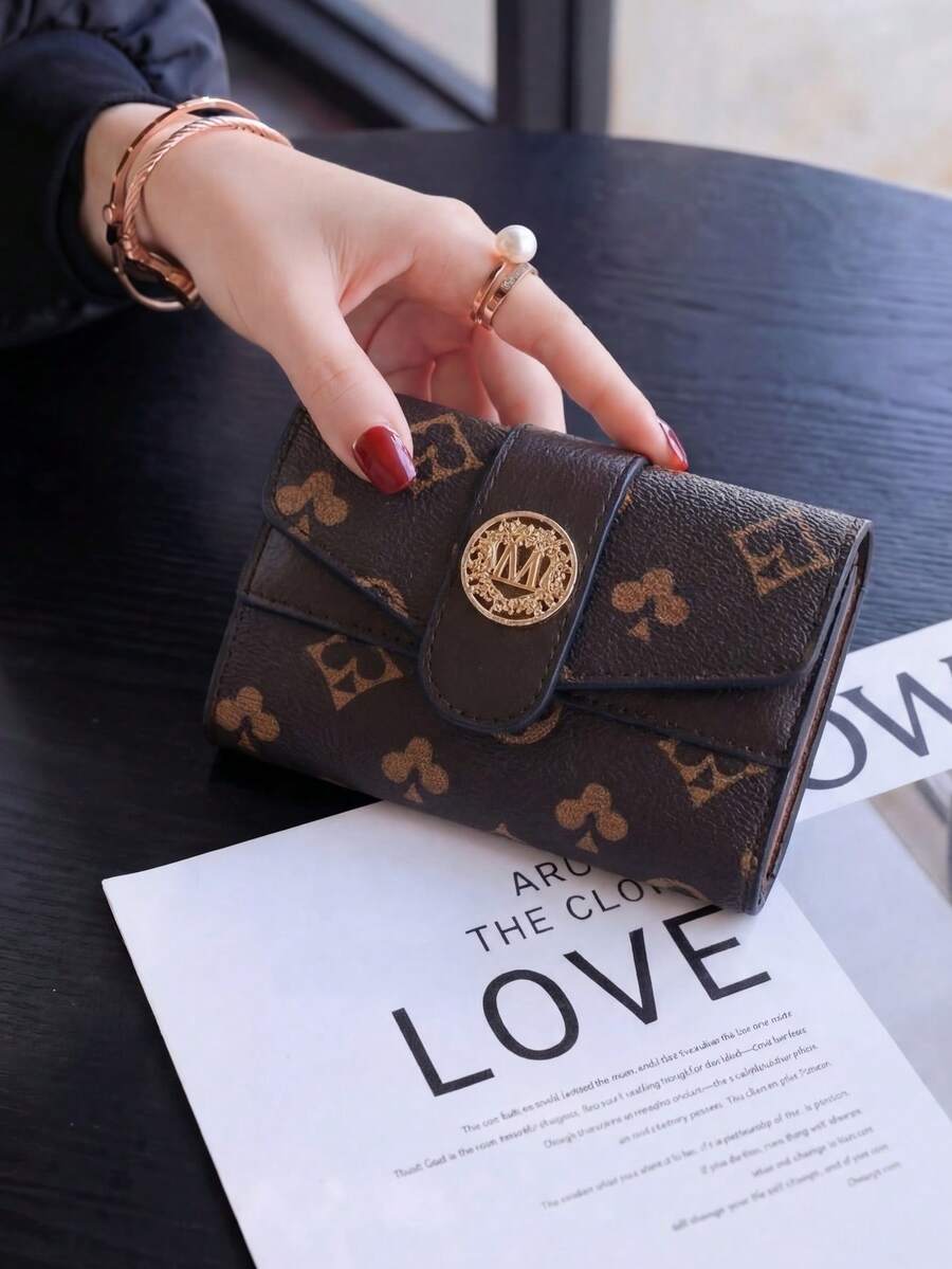 New Retro Printed Short Women's Wallet, Tri-Fold Snap Closure Coin Purse, Credit Card Holder, Anti-Theft Lightweight Clutch - Brown - View 1