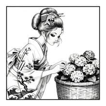 一本色彩缤纷的日本女性涂色书，采用日式风格，适合成人和青少年，温柔美丽，是生日礼物、返校礼物、文具、婚礼纪念品的绝佳选择。尺寸为7.9x7.9英寸，珍珠纸封面。 - 日本女人 - 查看 3