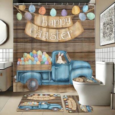 1/3/4件套春夏木质复活节蓝色卡车彩蛋浴室套装（4件套），家居装饰，浴室帘，浴室套装，包含浴帘和浴帘套装。这款装饰性浴室套装包含浴帘、U型马桶座套、防滑垫、马桶座套和12个浴帘挂钩。适合作为乔迁礼物、生日礼物、节日礼物或情侣间的礼物。