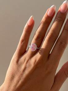 Stylever 1枚925纯银8*10毫米微镶闪亮戒指，女士时尚结婚周年纪念礼物，精致珠宝，日常装饰 - 粉紅色石 - 查看 4