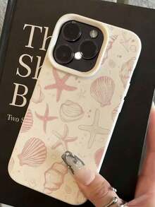 1个简约个性化粉色海星贝壳彩绘图案手机壳，柔软TPU材质，防震防刮，兼容 11/12/13/14/14Plus/15/15Plus/16/16Plus/7/8Plus/17/17Pro - 彩色 - 查看 2