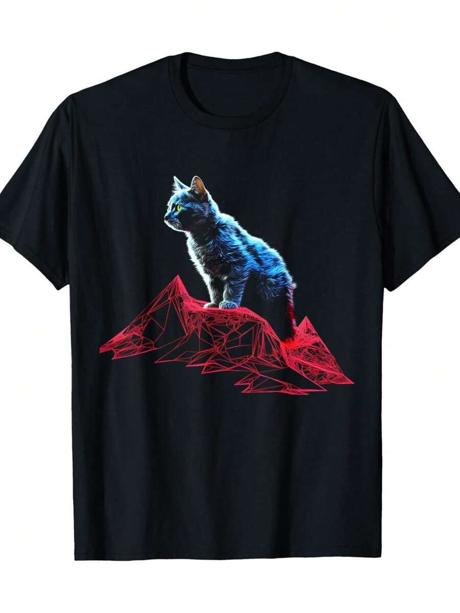 Men'S Casual Cotton T-Shirt With Geometric Cat Print - Stretch Knit, Crew Neck, Short Sleeve, Regular Fit For Summer Wear, Modern Casual Style, Black With Red Mountain Graphic, Casual Summer Wear  Modern Casual Style  Knit Construction, Cat Shirt - 黑色 - 查看 1