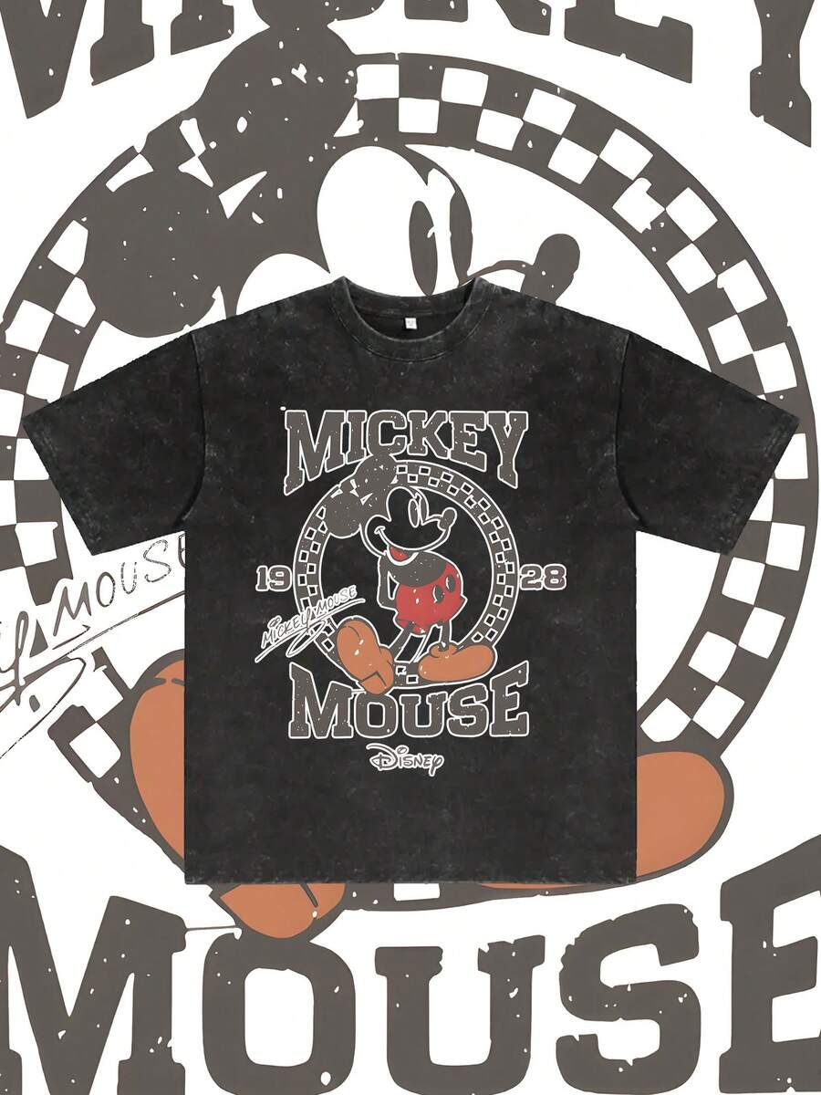 Disney, Disney Mickey Mouse ; T-shirt d'été à manches courtes pour homme, effet vieilli, coupe unique, pur coton, confortable et respirant, style streetwear décontracté, col rond ; une marque de mode de haute qualité, un cadeau surprise idéal pour la famille et les amis. - Noir - Voir 1