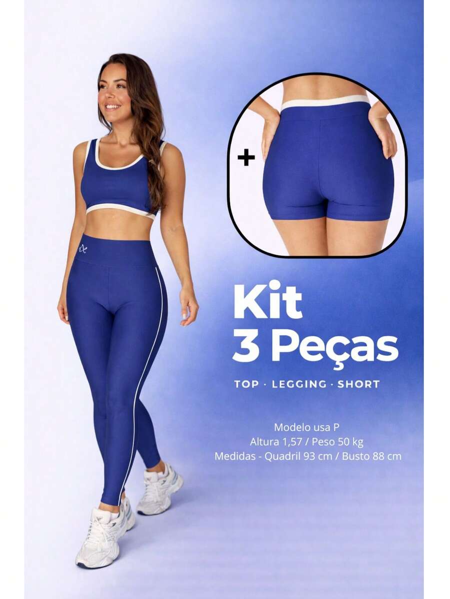 Women's 3-Piece Fitness Kit – Top, Shorts, And High-Waisted Leggings - Màu xanh hải quân - Xem 1