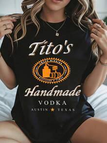 T-Shirt Summer Holiday Tito's Handmade Vodka Austin Texas Logo Print Black Casual Wear For Women Summer Season - Black - View 1